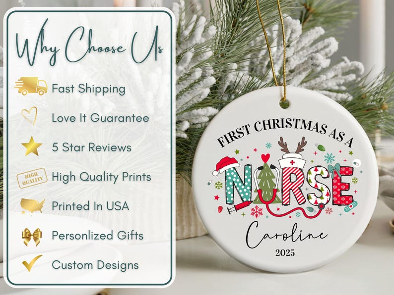 May include: A white ceramic Christmas ornament with the text "First Christmas as a Nurse" and the name "Caroline" with the year 2025. The word "Nurse" is decorated with festive holiday elements.