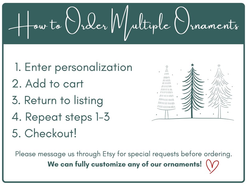 May include: A teal-colored graphic with white text explaining how to order multiple ornaments. The steps include entering personalization, adding to cart, and returning to the listing. Three stylized Christmas trees are on the right.