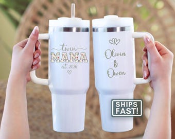 Personalized Twin Mama 40oz Tumbler With Handle Twin Mama Travel Mug With Names Gift For Twin Mom To Be Travel Cup for Twin Mama Tumbler Cup