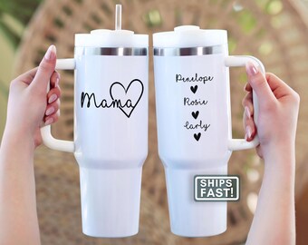 Personalized Mama Tumbler Mama 40oz Tumbler with Handle Custom Mama Travel Mug Gift for Mama Travel Cup with Handle Mama Cup with Kids Name