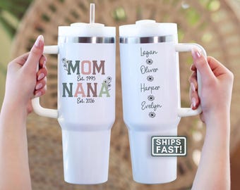 Personalized Nana Tumbler Custom New Nana Travel Mug Gift for New Nana Travel Mug with Grandkids Names Nana 40oz Tumbler With Handle Cup