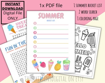 Summer Activity Bundle, Summer Word Search for kids, summer bucket list, printable for mom, summer busy binder printable, printable games