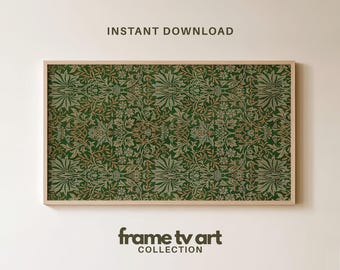 May include: A rectangular digital art display for a television featuring a dense, repeating botanical pattern in shades of dark green, sage, and muted gold. The text INSTANT DOWNLOAD and frame tv art COLLECTION appear above and below the frame.
