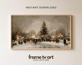 May include: A rectangular framed digital print featuring a snowy winter town square scene with a central evergreen tree, people walking, and warm glowing lights. The text INSTANT DOWNLOAD and frame tv art COLLECTION appear above and below.
