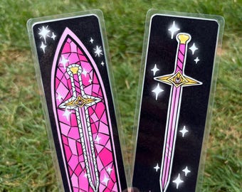 Stained Glass Sword Pink and Black Romantasy Laminated Bookmark - Hand Drawn & Handmade