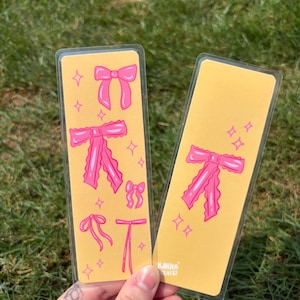 Coquette Pink Bows Yellow Laminated Bookmark - Hand Drawn & Handmade