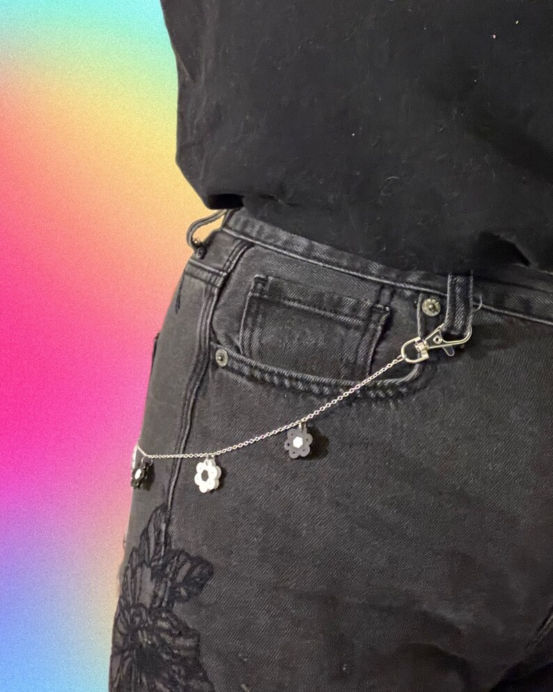 Black and White Flower Chain for Pants Handmade With Fuse Beads Pants