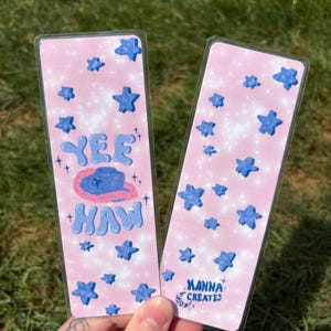 Yeehaw Fluffy Cowgirl Hat Pink and Purple Laminated Bookmark - Hand Drawn & Handmade