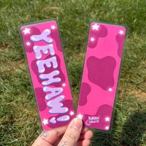 YEEHAW Cow Print Pink and Purple Laminated Bookmark - Hand Drawn & Handmade