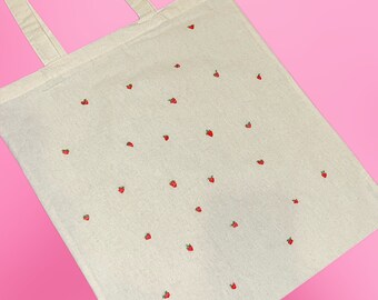 strawberry hand embroidered canvas tote bag, strawberry embroidery, strawberry tote bag