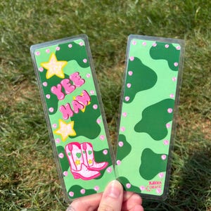 Yeehaw Green Cow Print Pink Cowgirl Boots Laminated Bookmark - Hand Drawn & Handmade