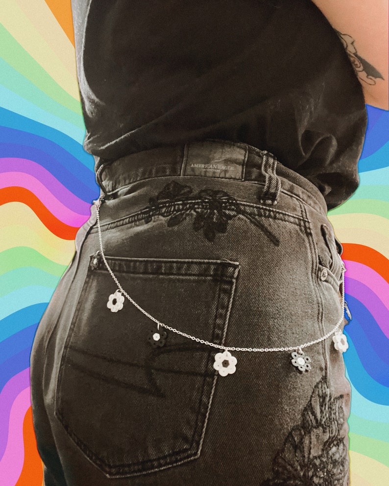 Black and White Flower Chain for Pants Handmade With Fuse Beads Pants