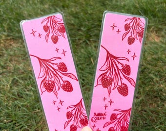 Marcapáginas laminado rosa fresa y rojo - Dibujado y hecho a mano