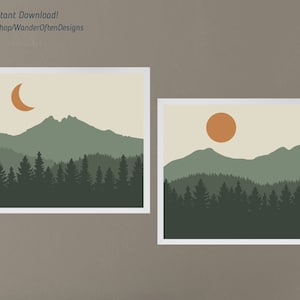 Three Sisters & Broken Top Wall Art Bundle, Bend Oregon Art, Printable Mountain Landscape, Minimalist, Abstract Boho Print, Digital Download