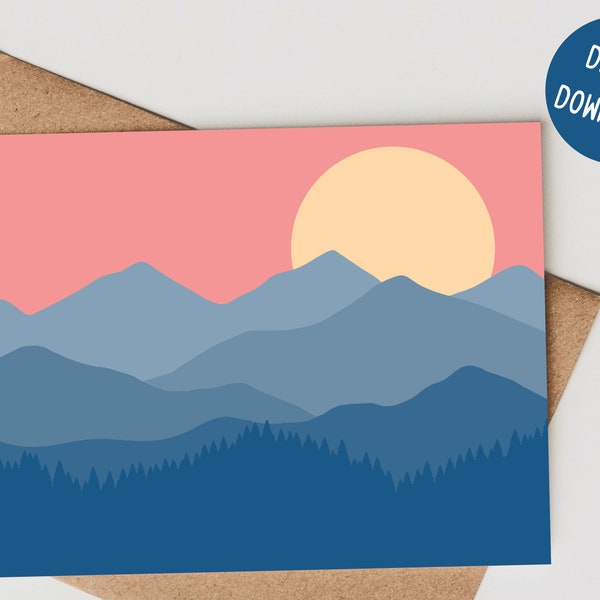 Printable Blank Mountain Card, All Occasions Card, Blank Printable Card, Digital Adventure Card, Nature Lovers, Hike, 5x7 Card Blank Inside