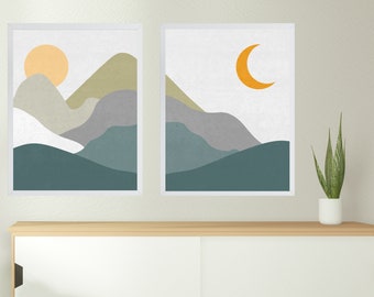 Mid Century Mountain Wall Art Set of 2, Moon and Sun Print, Abstract Minimalist Print, Digital Download, Nursery Decor, Boho Wall Print