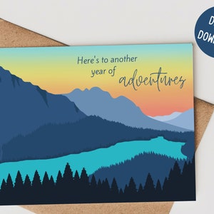 Afdrukbare nog een jaar vol avonturen 5x7 kaart, verjaardagskaart, jubileumkaart, Canadese Rockies Peyto Lake, bergkaart, blanco binnenin