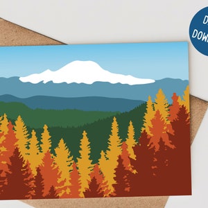 Druckbare Mt Rainier Herbst Landschaft 5x7 Karte, Karte für alle Anlässe, Digitales Abenteuer Karte, Naturliebhaber Wandergeschenk, innen leer