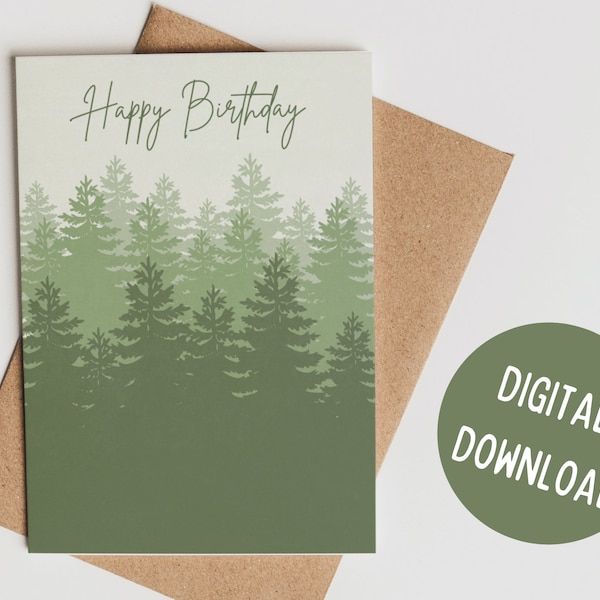 Printable 5x7 Happy Birthday Pine Tree Card, Forest Landscape, Digital Adventure Card, Tree Hugger, Nature Lovers, Hiker Gift, Blank Inside