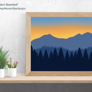 May include: A digital illustration of a mountain range with a forest in the foreground. The sky is a gradient of blue, orange, and yellow, suggesting a sunset. The mountains are a dark blue, and the trees are a dark green.