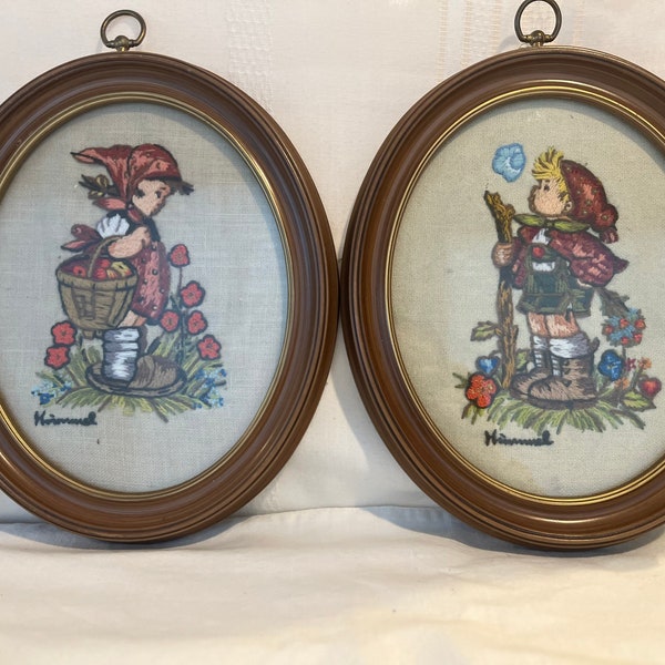 Hummel Crewel Vintage framed Boy and Girl