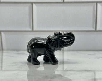 Handcrafted Black Obsidian Crystal Elephant Carving - Spiritual Décor and Good Luck Charm