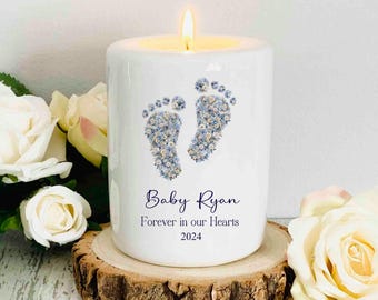 Personalised Forget Me Not Baby Loss Foot Print (Blue), Miscarriage, Baby Loss, Baby Born Sleeping - Memorial Memory Candle - Forget-Me-Not