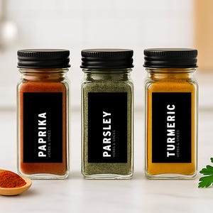 Glass Spice Jars with Custom Labels | Black, Gold or Silver Lids | Modern Kitchen Pantry Organization Set