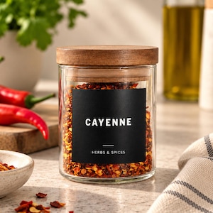 May include: A clear glass spice jar with a wooden lid filled with red cayenne pepper flakes. The jar features a square black label with the white text CAYENNE and HERBS & SPICES printed on the front, containing dried red chili flakes.