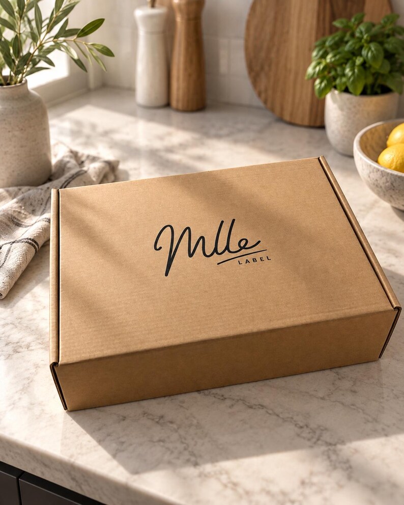 May include: A rectangular brown cardboard shipping box with a hinged lid. The top of the box features the black printed text Mlle LABEL in a stylized script font. The box is constructed from corrugated paper material with a smooth finish.