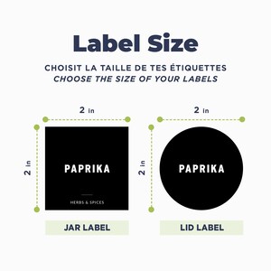 May include: A square jar label and a circular lid label, both black with white text reading PAPRIKA and HERBS & SPICES. Green dimension lines indicate both labels measure 2 inches by 2 inches. The text Label Size is at the top.