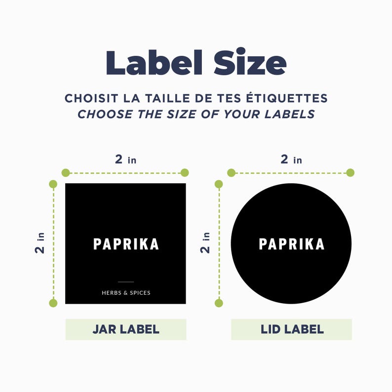 May include: A square jar label and a circular lid label, both black with white text reading PAPRIKA and HERBS & SPICES. Green dimension lines indicate both labels measure 2 inches by 2 inches. The text Label Size is at the top.