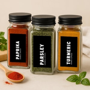 Glass Spice Jars with Personalized Labels | Airtight Storage | Gold, Black or Silver Lids | 48 Preprinted Waterproof Labels