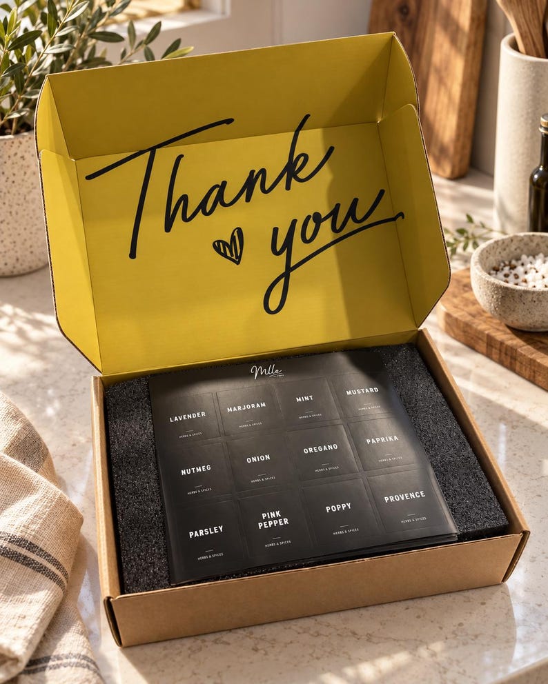 May include: A cardboard gift box with a yellow interior lid featuring the black text Thank you and a heart icon. Inside, a black tray holds twelve small square packets labeled with herbs and spices including Lavender, Marjoram, Mint, Mustard, Nutmeg, Onion, Oregano, Paprika, Parsley, Pink Pepper, Poppy, and Provence.