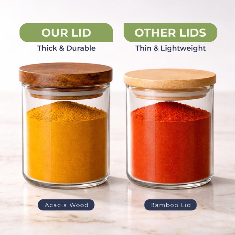 May include: Two clear glass storage jars with lids. The left jar has a dark brown acacia wood lid and contains yellow powder. The right jar has a light bamboo lid and contains red powder. Text reads: OUR LID Thick & Durable, OTHER LIDS Thin & Lightweight.