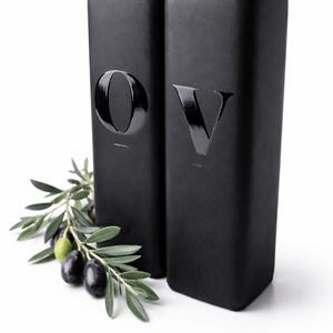 Black Glass oil and vinegar cruet set with pour spouts and funnel – Modern kitchen oil and vinegar dispensers – 500 ml