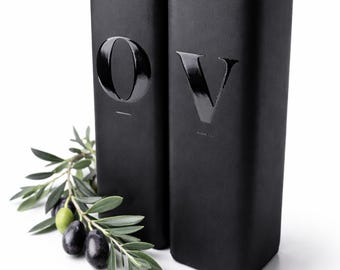 Olive Oil Dispenser Set of 2 – Black Glass Bottles with Stainless Steel Spouts