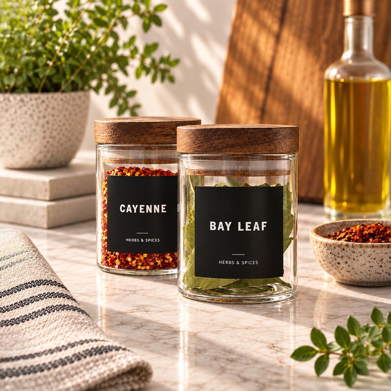 May include: Two clear glass spice jars with dark wooden lids. Each jar features a black square label with white text. One label reads CAYENNE HERBS & SPICES, and the other reads BAY LEAF HERBS & SPICES. The jars are filled with red pepper flakes and dried bay leaves.