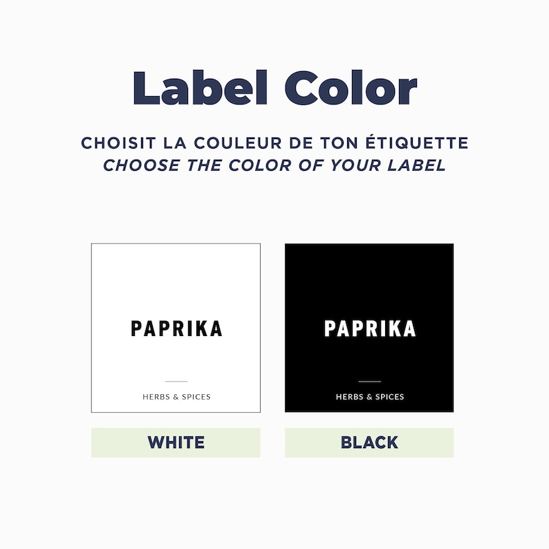 May include: A graphic display titled Label Color, featuring two square labels with the text PAPRIKA and HERBS & SPICES. One label is white with black text, and the other is black with white text, labeled White and Black respectively.