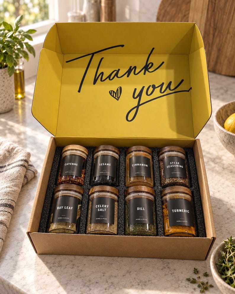 May include: A cardboard gift box with a yellow interior lid featuring the black text Thank you and a heart icon. Inside are eight glass spice jars with wooden lids and black labels for Cayenne, Sesame, Cinnamon, Steak Seasoning, Bay Leaf, Celery Salt, Dill, and Turmeric.