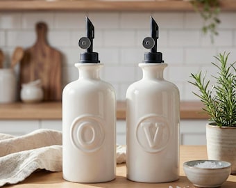 Oil & Vinegar Dispenser Set – White Ceramic 500 ml, Drip-Free Stainless Pourers