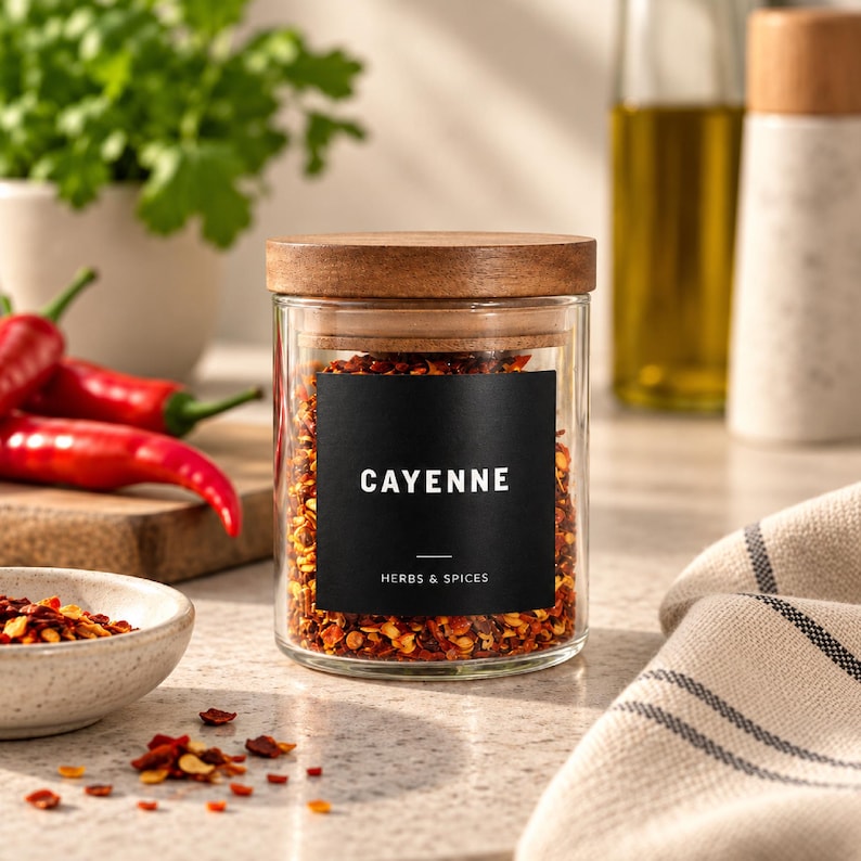 May include: A clear glass spice jar with a wooden lid filled with red cayenne pepper flakes. The jar features a square black label with the white text CAYENNE and HERBS & SPICES printed on the front, containing dried red chili flakes.