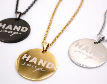 Soap dispenser tag – stainless steel bottle pendant with adjustable chain – black, gold or silver – modern minimalist label