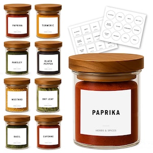 Spice Jars with Acacia Wood Lid and Labels – Pantry Organization, Kitchen Storage, Minimalist Spice Containers, Farmhouse Style