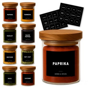 Spice Jars with Acacia Wood Lid and Labels – Pantry Organization, Kitchen Storage, Minimalist Spice Containers, Farmhouse Style