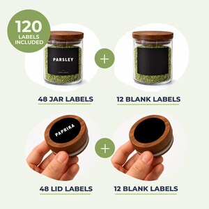 May include: A set of 120 labels including 48 jar labels, 12 blank jar labels, 48 lid labels, and 12 blank lid labels. The labels are black with white text, shown on glass spice jars with wooden lids containing green herbs.