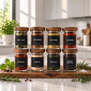 May include: Eight clear glass spice jars with wooden lids arranged in two rows. Each jar features a black rectangular label with white text identifying the contents: Bay Leaf, Cinnamon, Mustard, Cayenne, Paprika, Garlic, Parsley, and Black Pepper.
