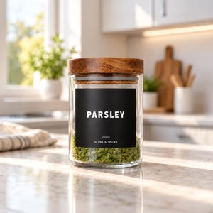 May include: A clear glass storage jar with a dark wood lid, filled with dried green parsley. A black rectangular label on the front features the white text PARSLEY in a bold sans-serif font, with the words HERBS & SPICES below it.