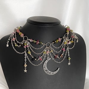 Collana con tormalina Mermaidcore, girocollo con pietre preziose, collana con luna e stelle, regalo per il suo 21° compleanno