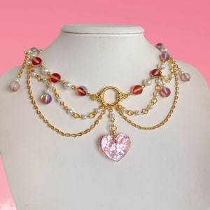 Gold Fairycore Necklace, Iridescent Dainty Quartz Crystal Necklace, Pink Choker, Coquette Jewelry, 21st Birthday Gift for Her